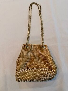 Gold Rhinestone Drawstring Small Bucket Bag with Gold Chain Strap